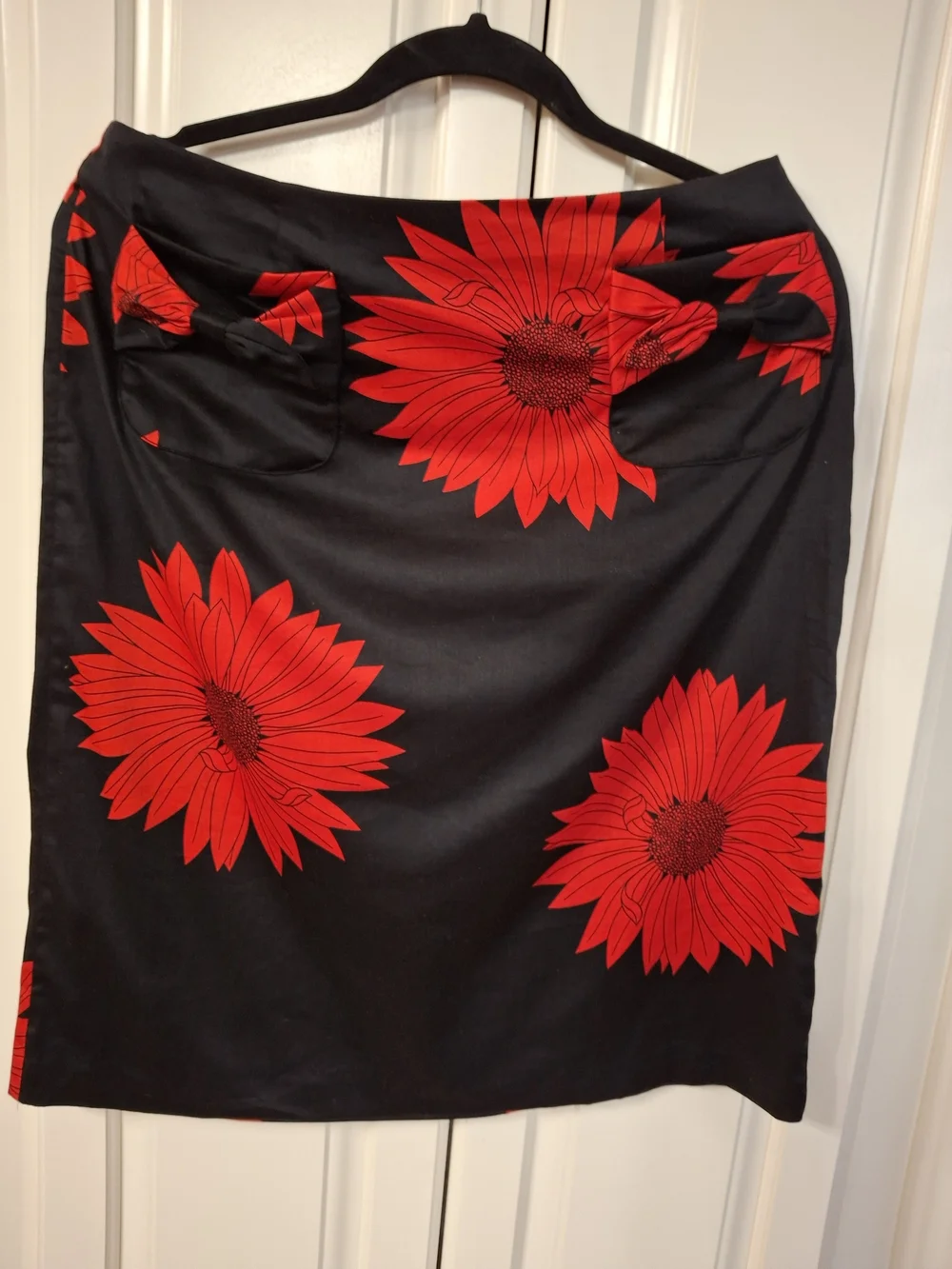 Women's Black Pencil Skirt with Red Floral Print
